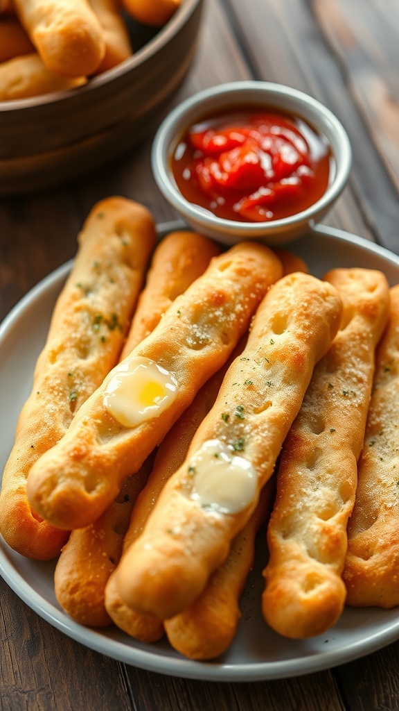 Freshly baked golden breadsticks brushed with butter and sprinkled with herbs, served with marinara sauce.